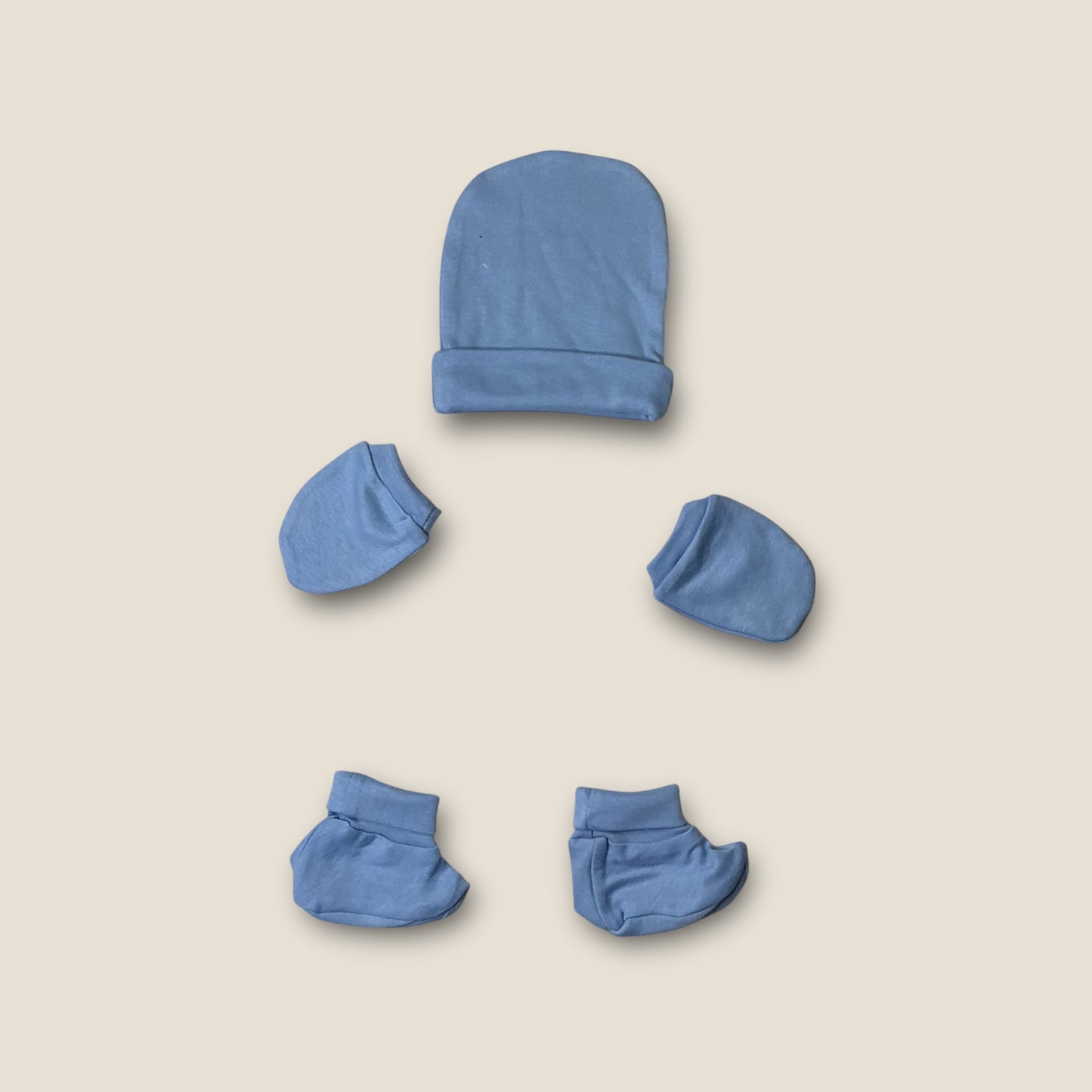 100% Cotton Knit Cap Mittens & Booties Set with blue color
