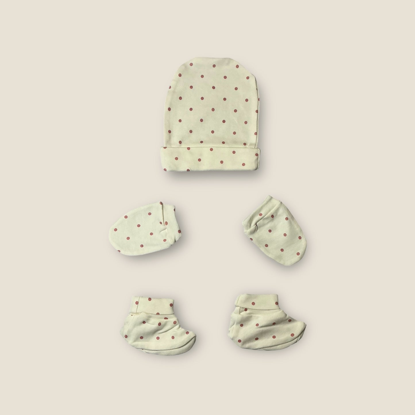 100% Cotton Knit Cap Mittens & Booties Set with polka dots print -beige