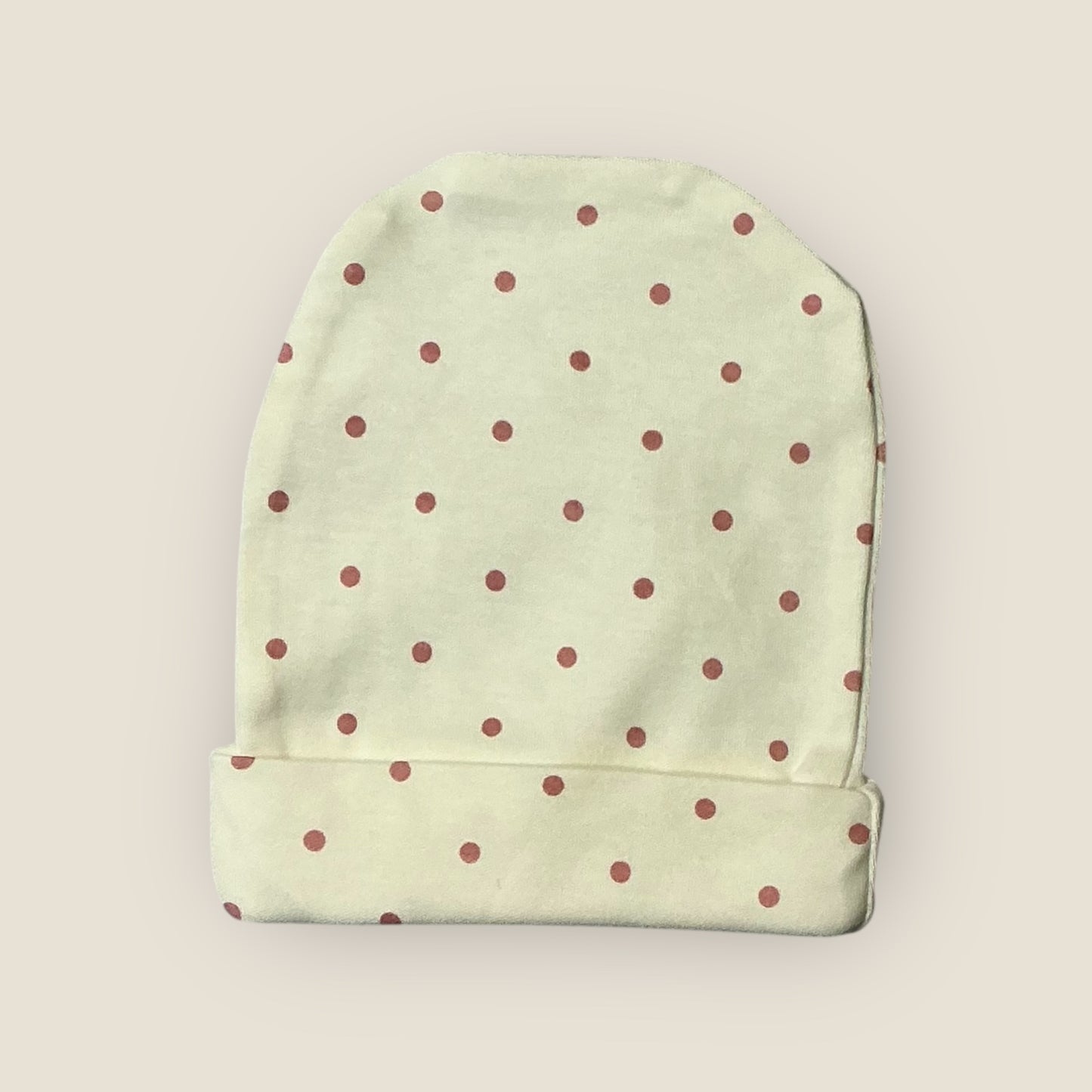 100% Cotton Knit Cap Mittens & Booties Set with polka dots print -beige