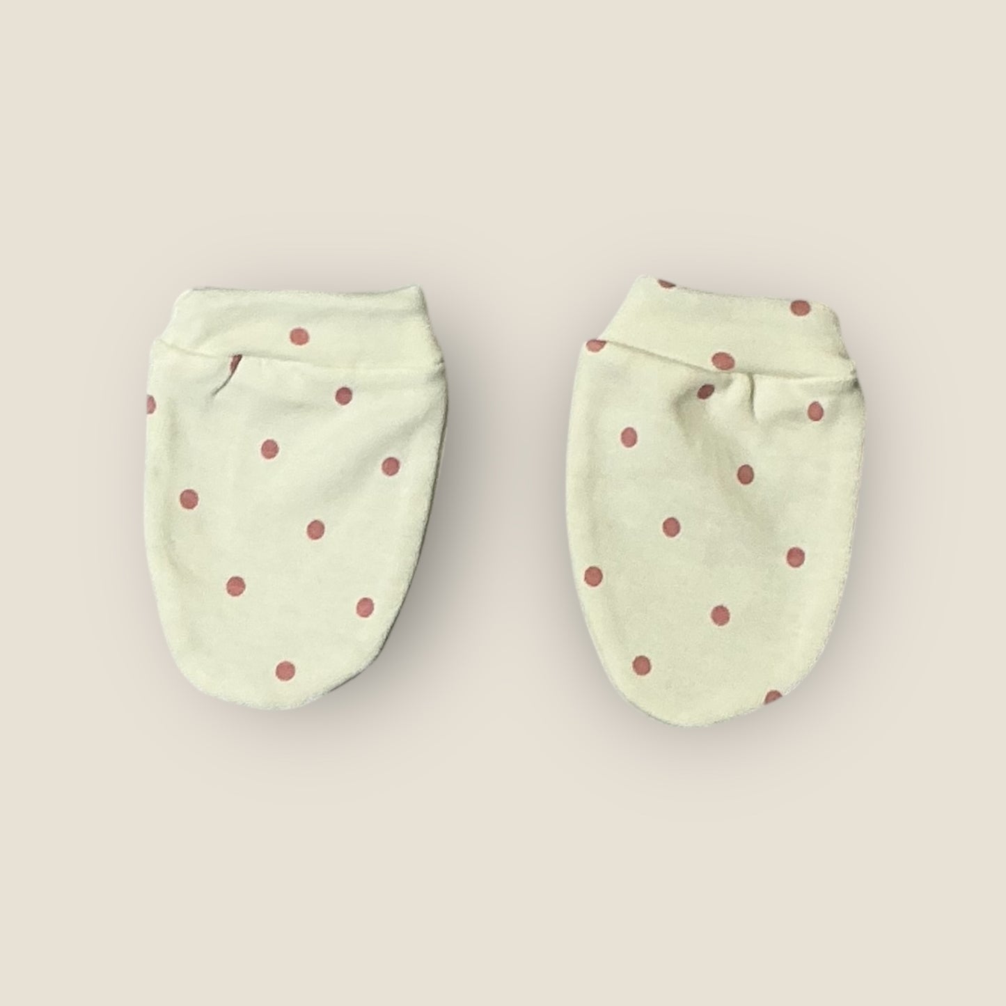 100% Cotton Knit Cap Mittens & Booties Set with polka dots print -beige