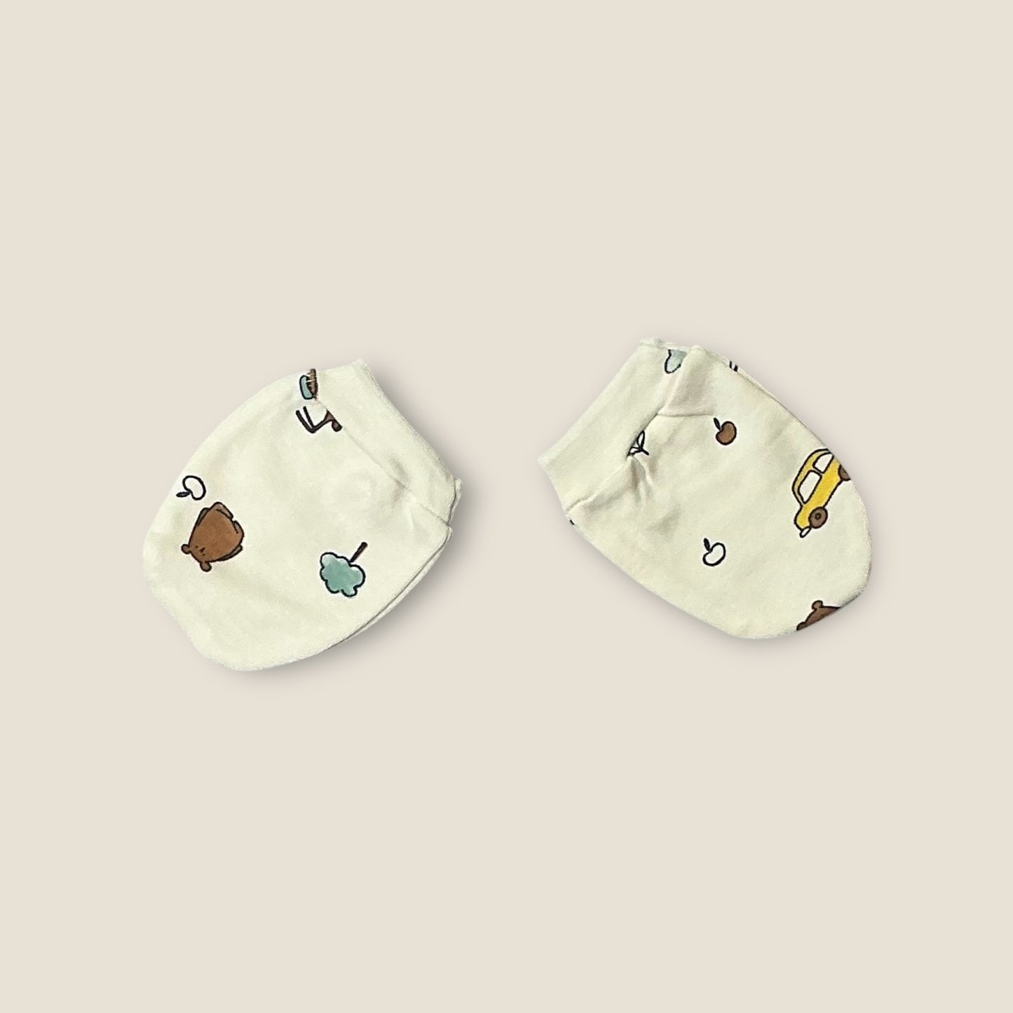 100% Cotton Knit Cap Mittens & Booties Set with playful nursery print - off white