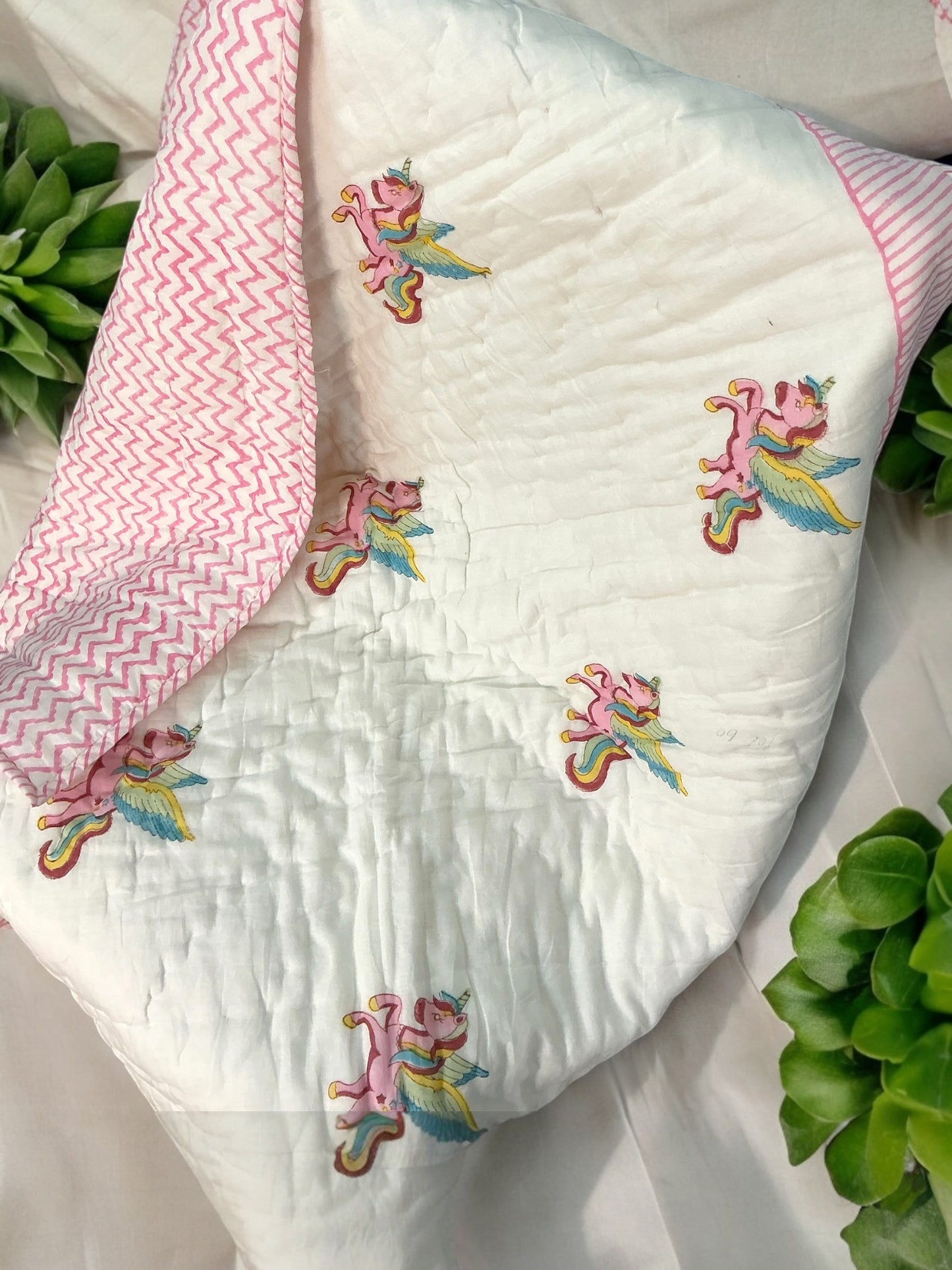Unicorn block print - pure mul cotton quilt