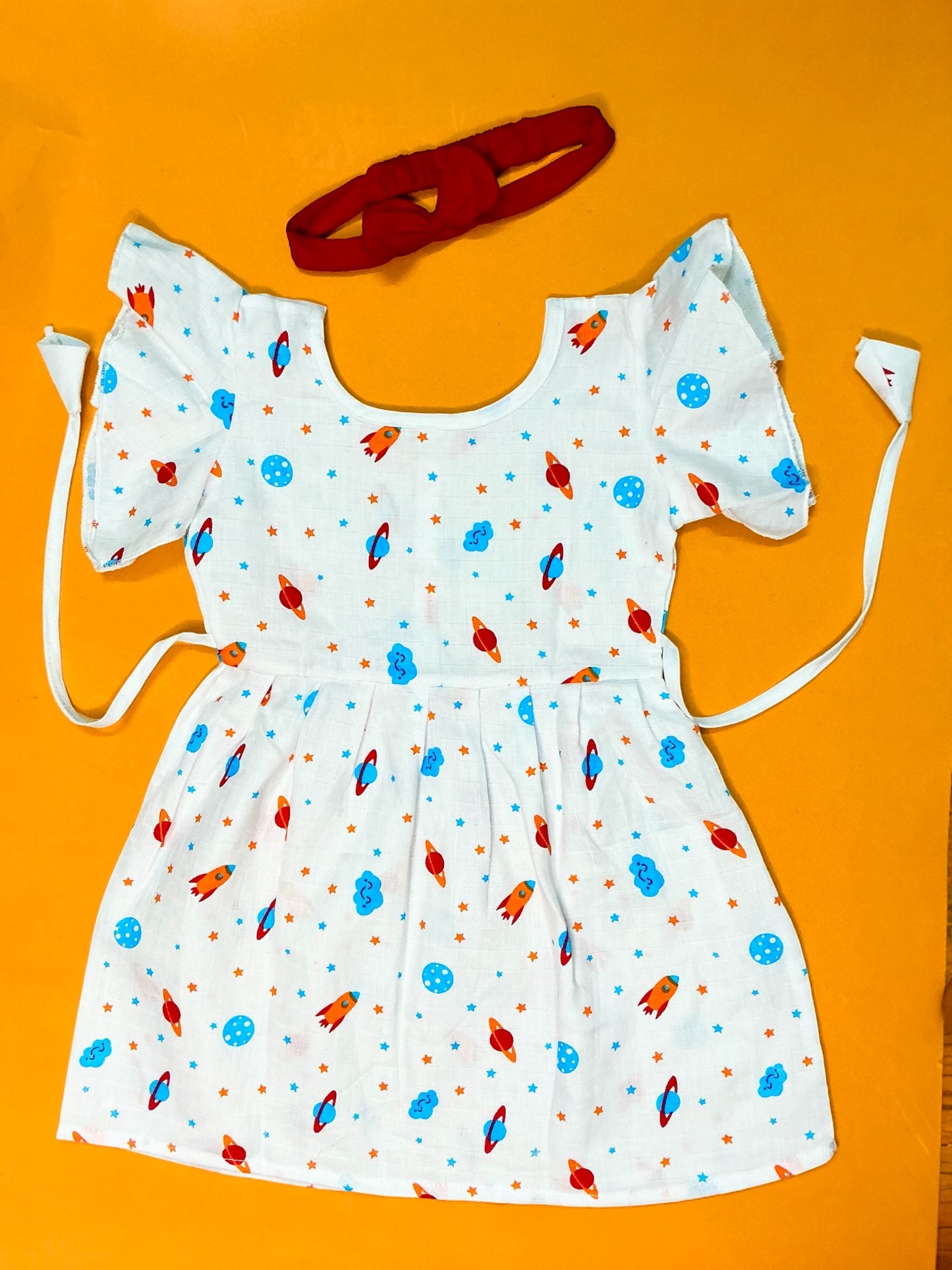 Space Ship and Rocket Print Frock Muslin Cotton