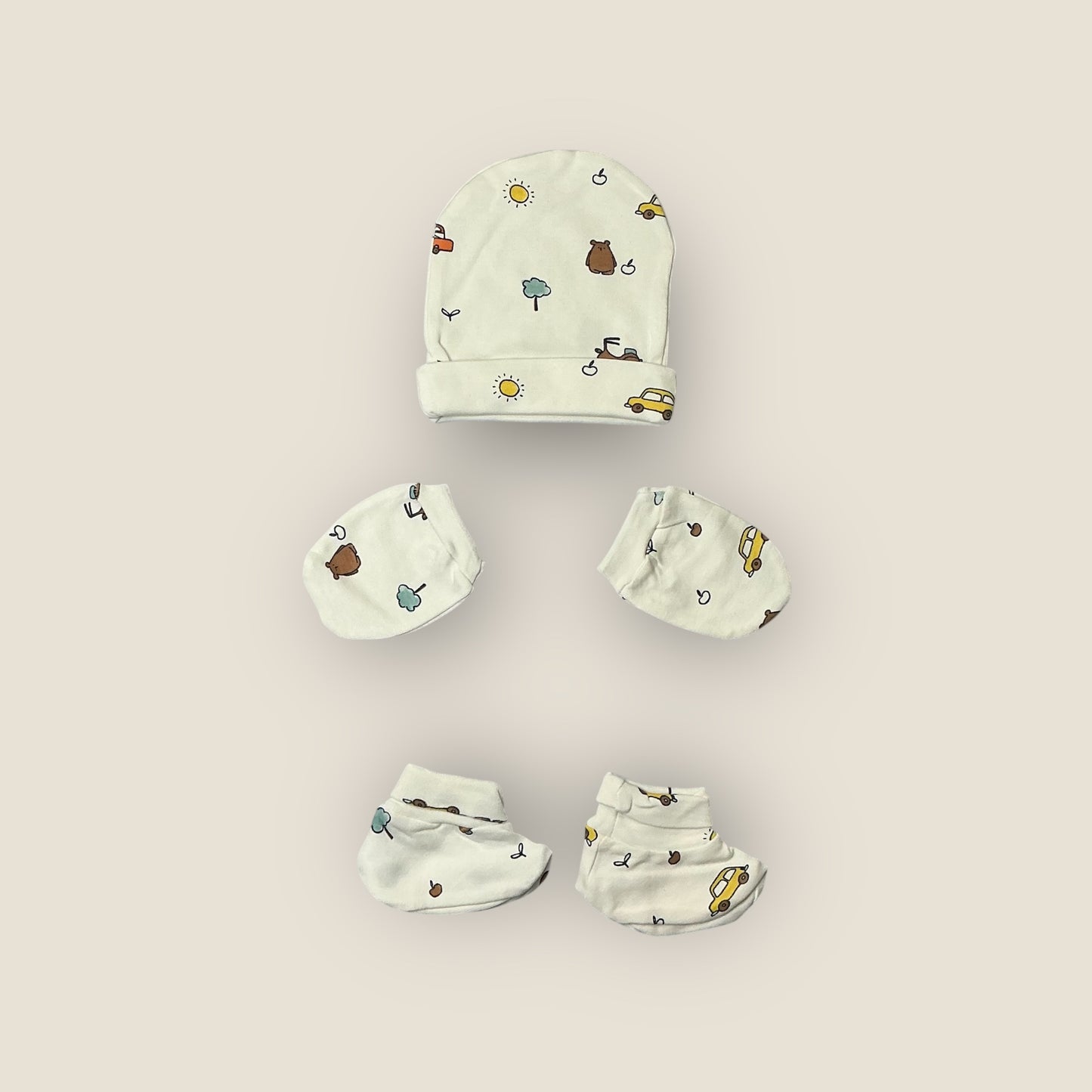 100% Cotton Knit Cap Mittens & Booties Set with playful nursery print - off white