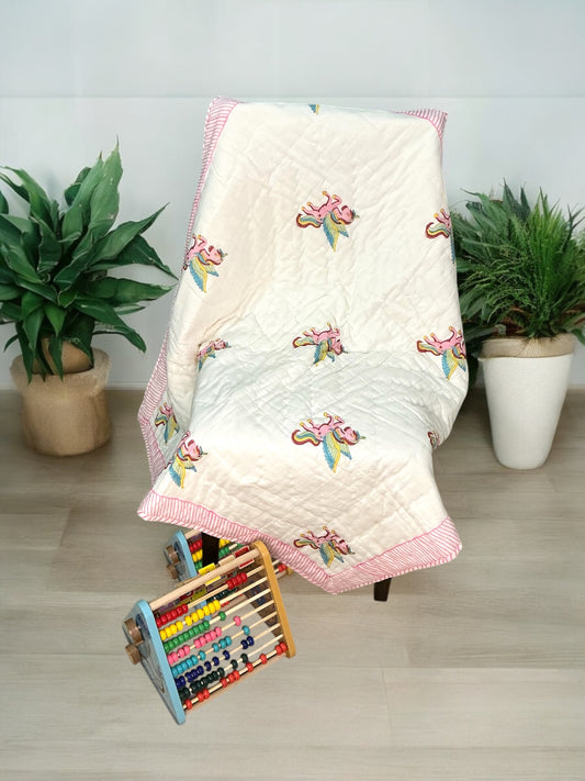 Unicorn block print - pure mul cotton quilt
