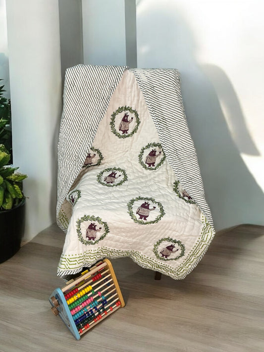Bear block print - pure mul cotton quilt