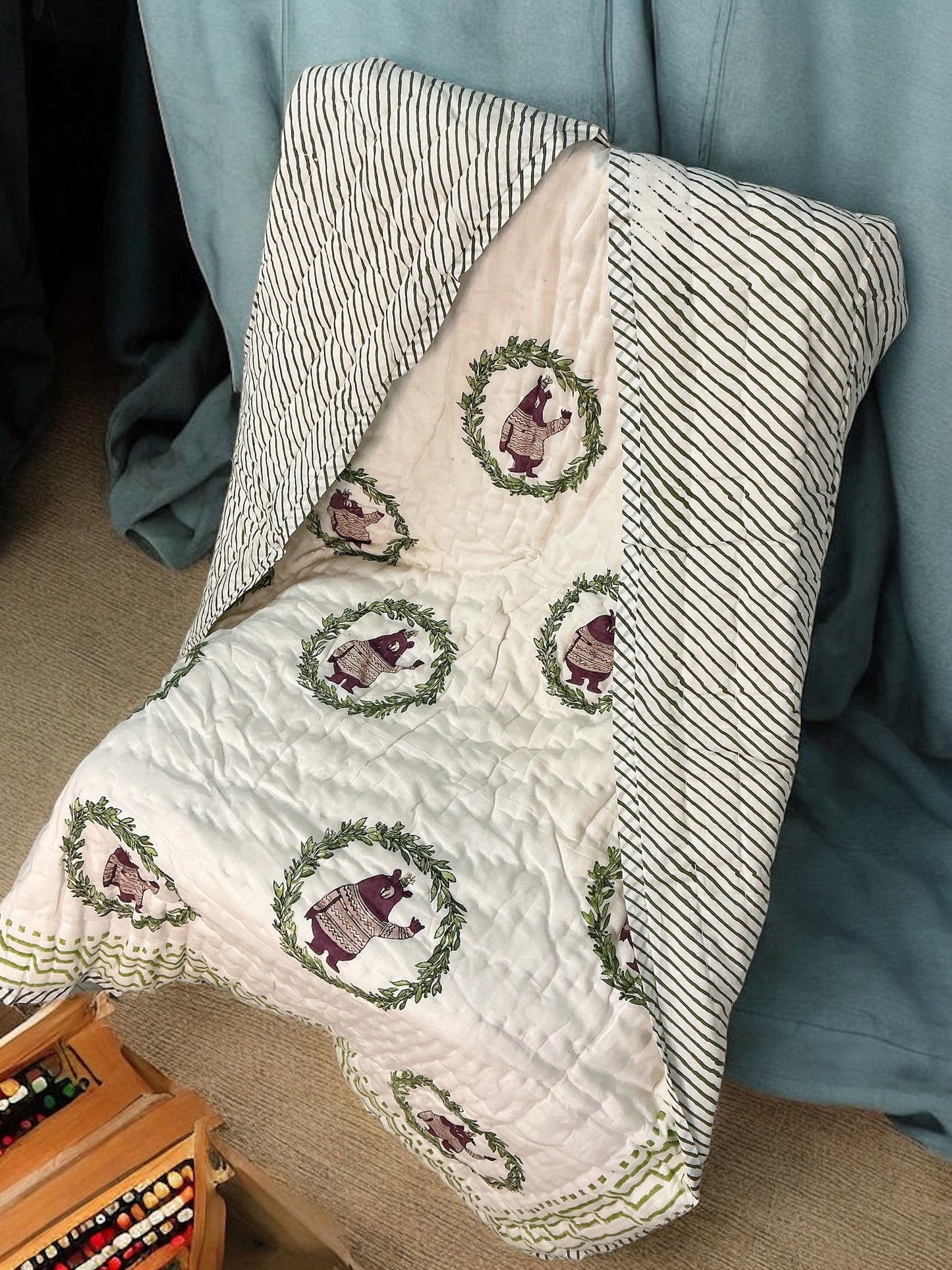 Bear block print - pure mul cotton quilt